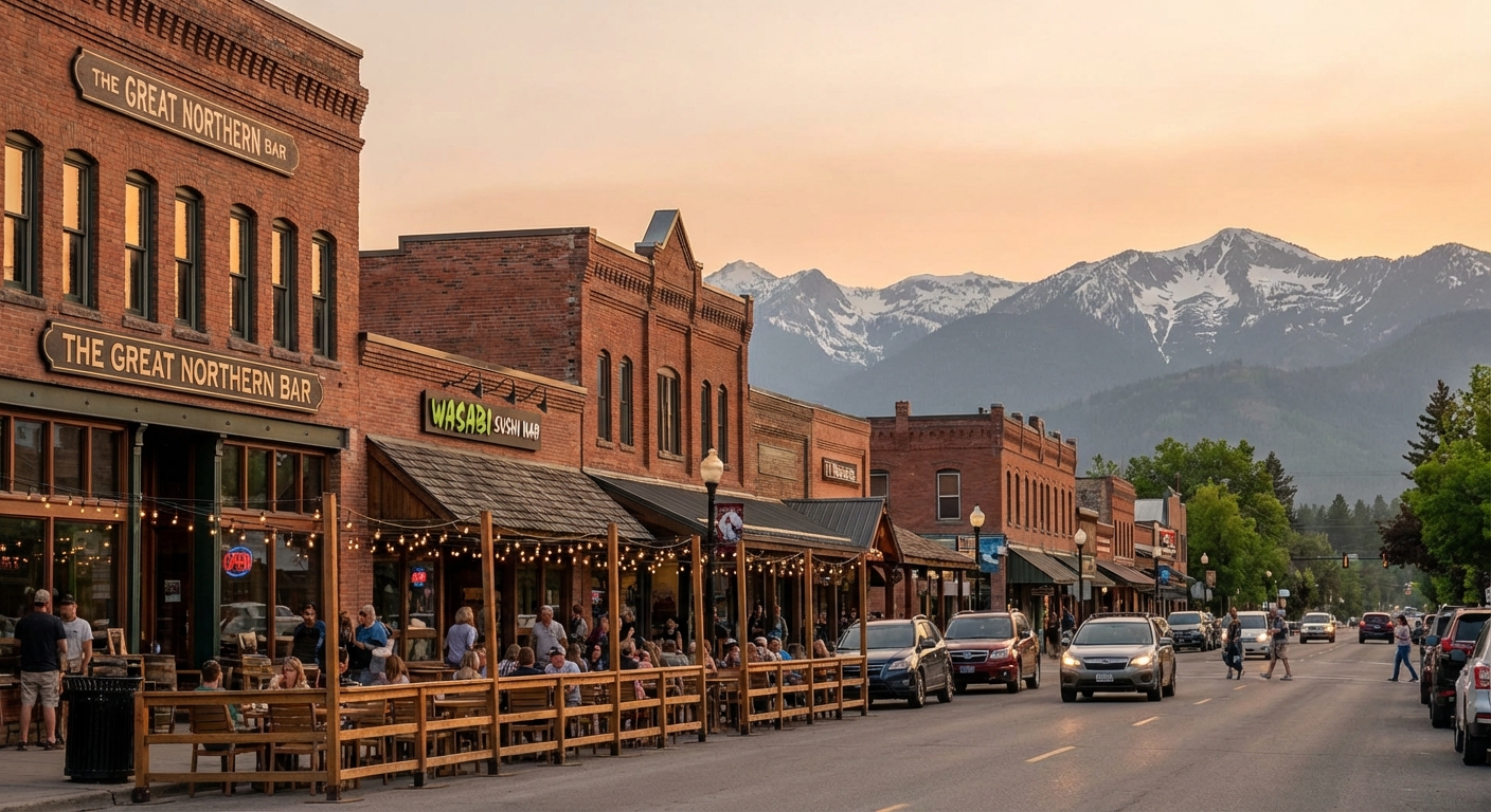 A real street scene in downtown Whitefish, Montana with brick storefronts, outdoor patio seating, and mountain peaks visible in the distance under warm evening light, photorealistic