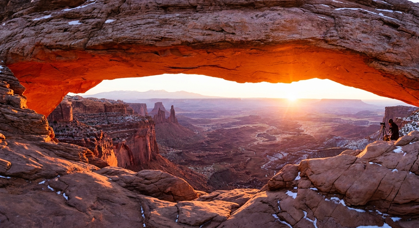 A real sunrise photograph of Mesa Arch in Canyonlands National Park, with the underside of the arch glowing orange and the canyons stretching into the distance beyond