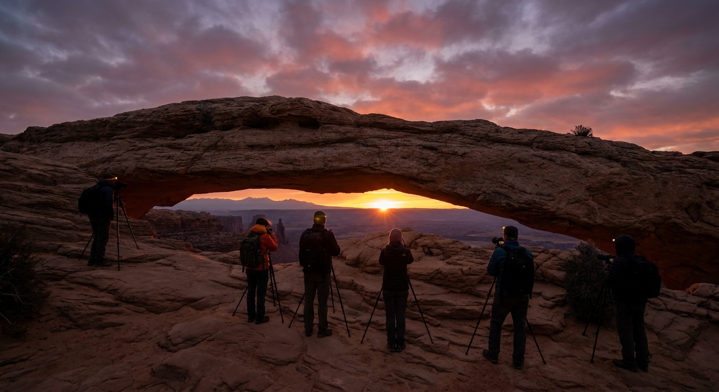 A real sunrise photograph showing a small line of photographers with tripods spaced along the rim near Mesa Arch, with headlamps dimmed and the sky brightening