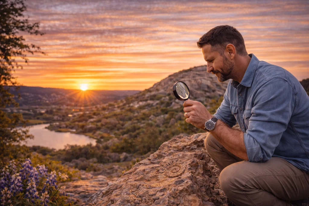 A real sunset photo from a Texas Hill Country overlook with limestone cliffs, scrubby cedar trees, and layered hills fading into the distance