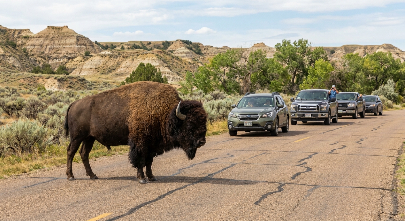 A real wildlife photo of a large bison standing on a paved park road in Theodore Roosevelt National Park North Unit with cars stopped at a safe distance behind it