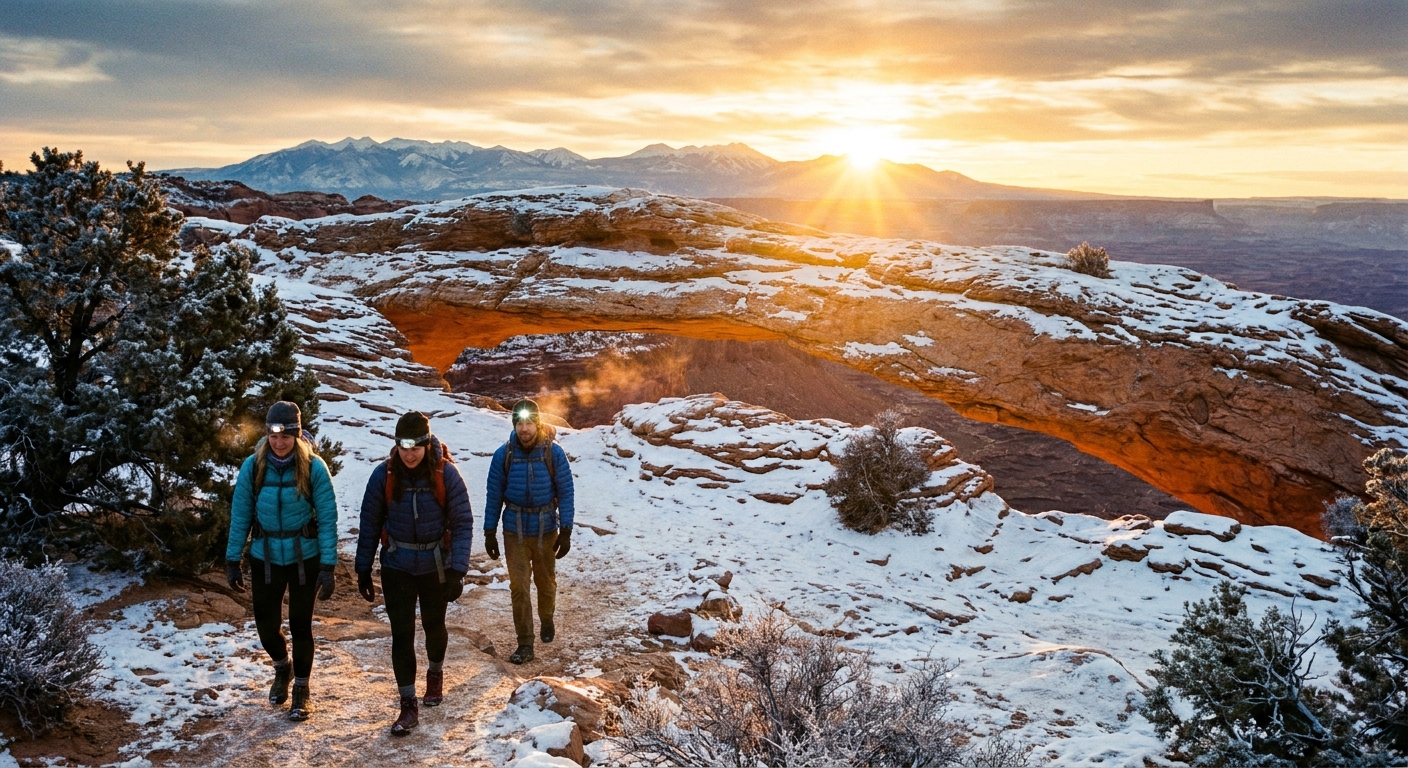 A real winter sunrise photograph near Mesa Arch with a few hikers wearing headlamps and winter jackets walking on a lightly snow-dusted trail in Canyonlands
