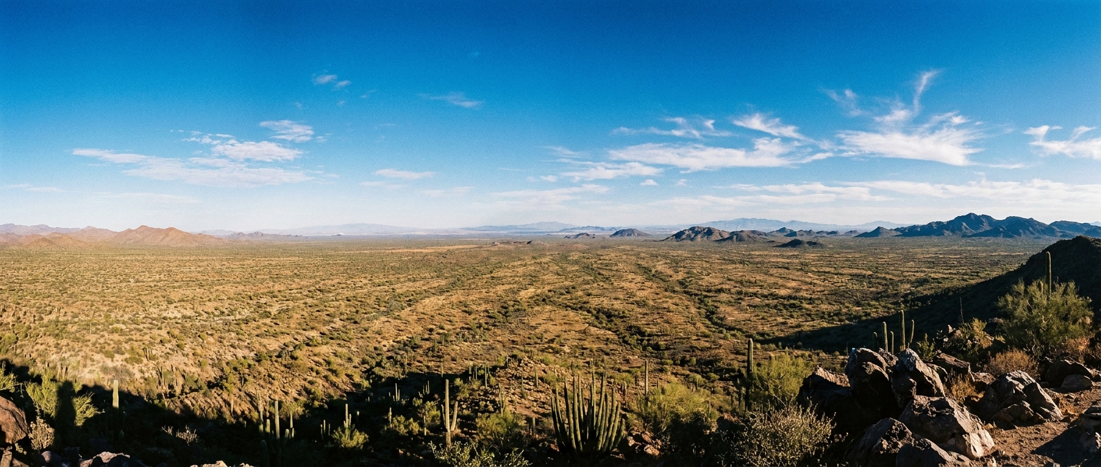 A realistic panoramic photograph from a high ridge on Ajo Mountain showing rolling Sonoran Desert plains dotted with organ pipe cacti under a deep blue sky