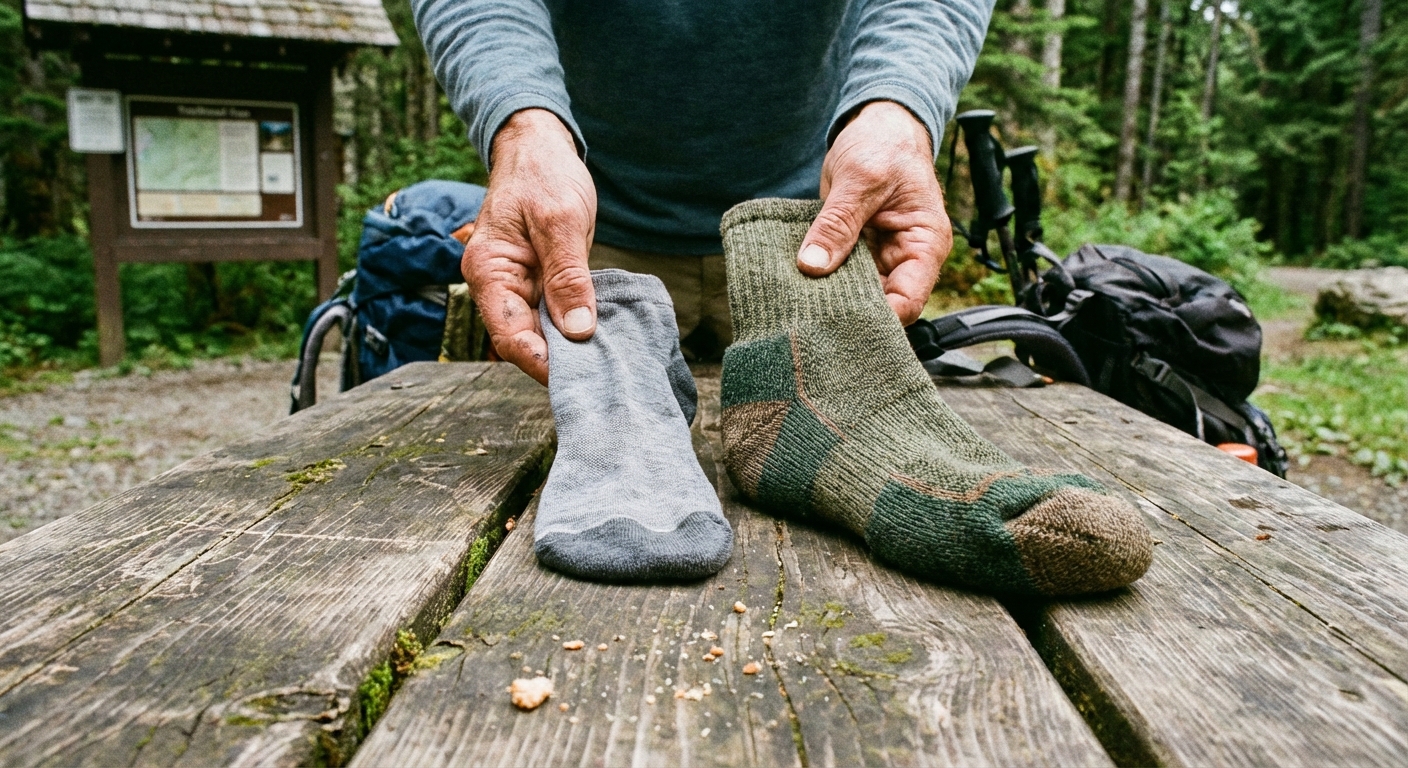 A realistic photo of a hiker’s hands holding two pairs of hiking socks, one thin liner sock and one thicker merino hiking sock, laid on a wooden picnic table at a trailhead
