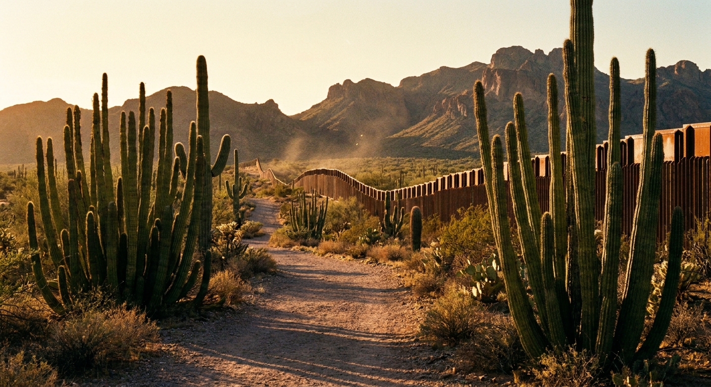 A realistic photo of a quiet desert trail in Organ Pipe with a distant border fence line and desert mountains in the background under late afternoon light