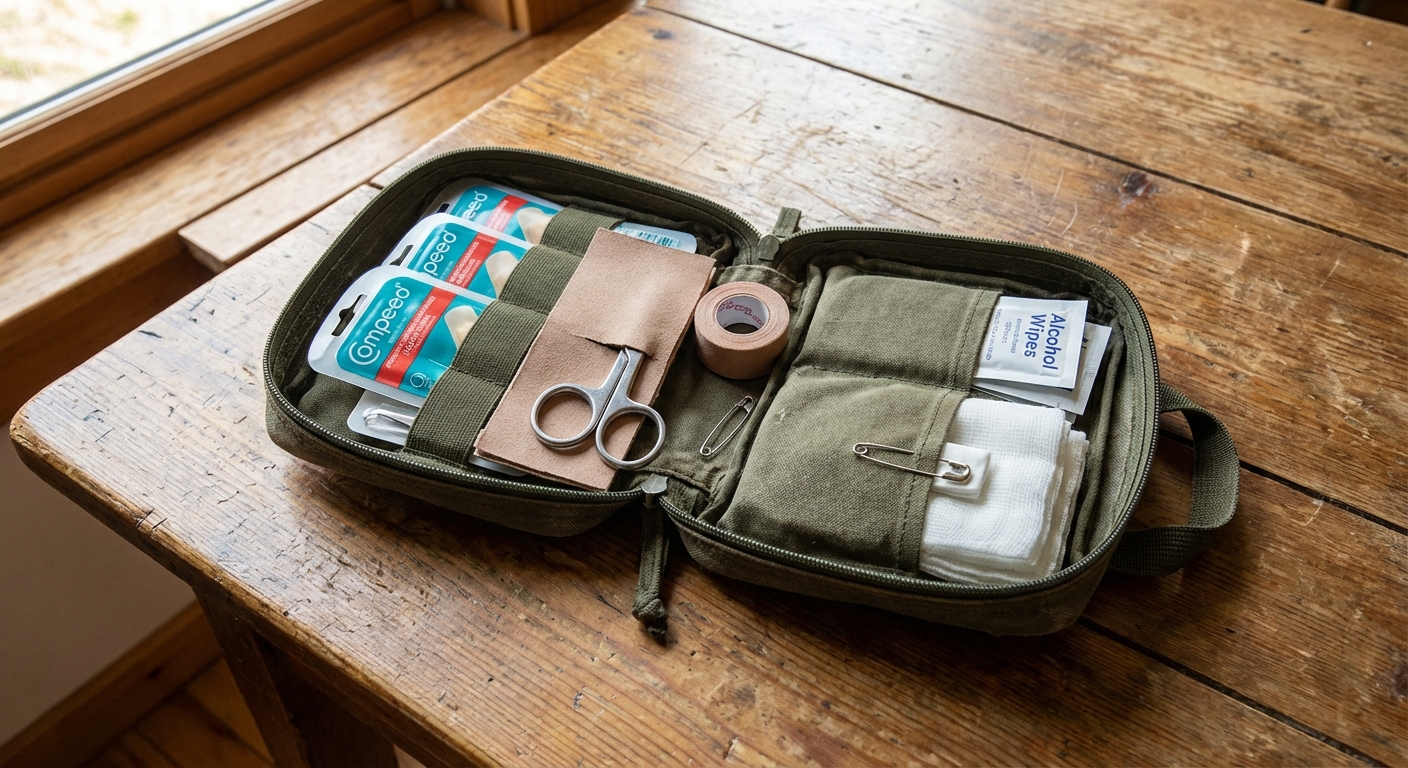 A realistic photo of a small hiking first aid pouch opened on a wooden table, showing blister bandages, moleskin, a small roll of tape, alcohol wipes, and gauze neatly arranged
