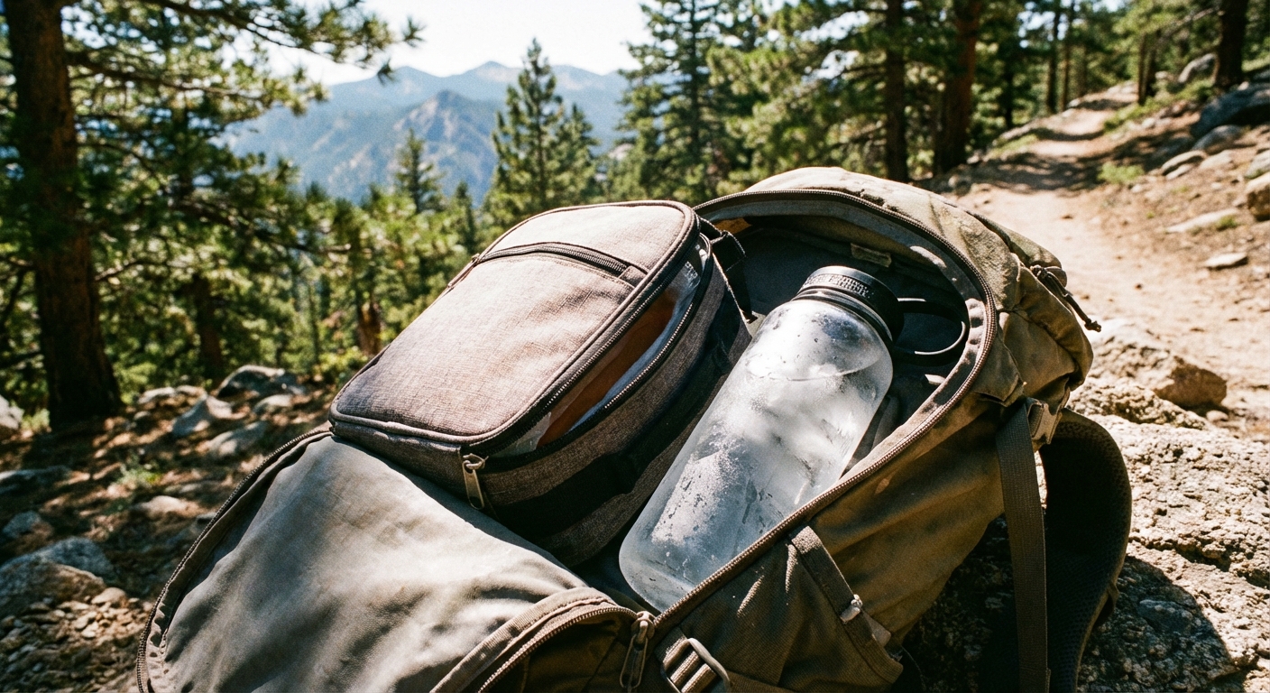 A realistic photo of an insulated lunch bag and a frozen water bottle tucked inside a hiking backpack on a sunny day