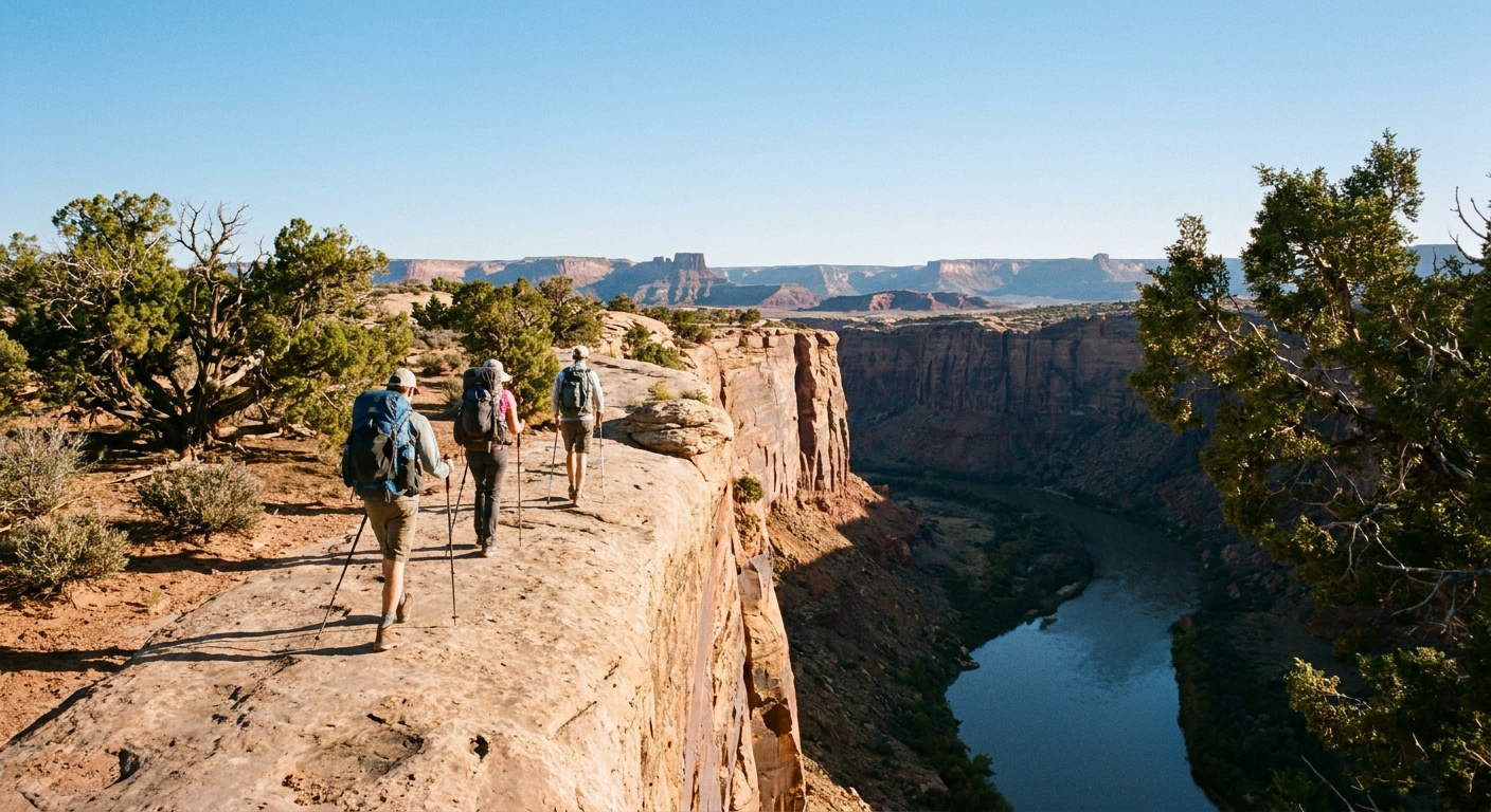 A realistic photo of hikers walking along a flat slickrock rim trail at Dead Horse Point State Park, with low desert shrubs, a sheer cliff edge to the side, and distant Canyonlands mesas under a clear blue sky