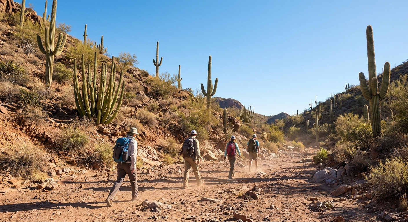 A realistic photo of hikers walking in a rocky desert wash in Alamo Canyon with saguaros and organ pipe cacti on the slopes, bright clear sky, Sonoran Desert scenery