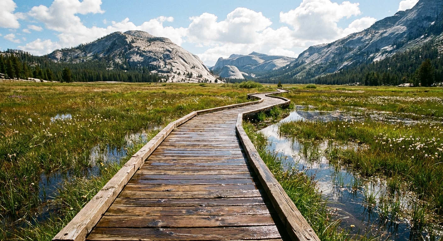 A realistic photograph of a wooden boardwalk crossing wet meadow grasses in Tuolumne Meadows with distant granite domes and a bright summer sky