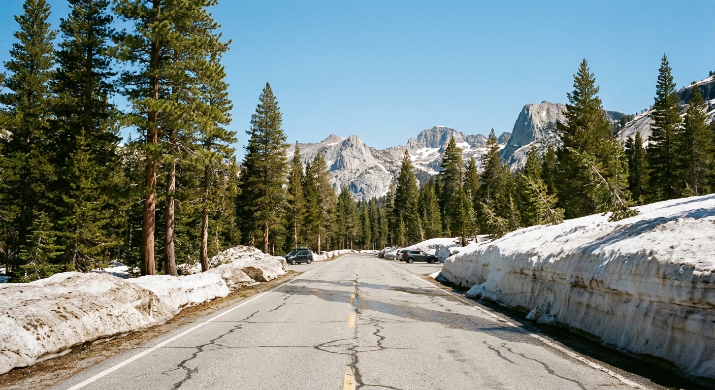 A realistic roadside photograph along Tioga Road in Yosemite National Park with tall pines, lingering snowbanks beside the pavement, and granite peaks in the distance on a clear day