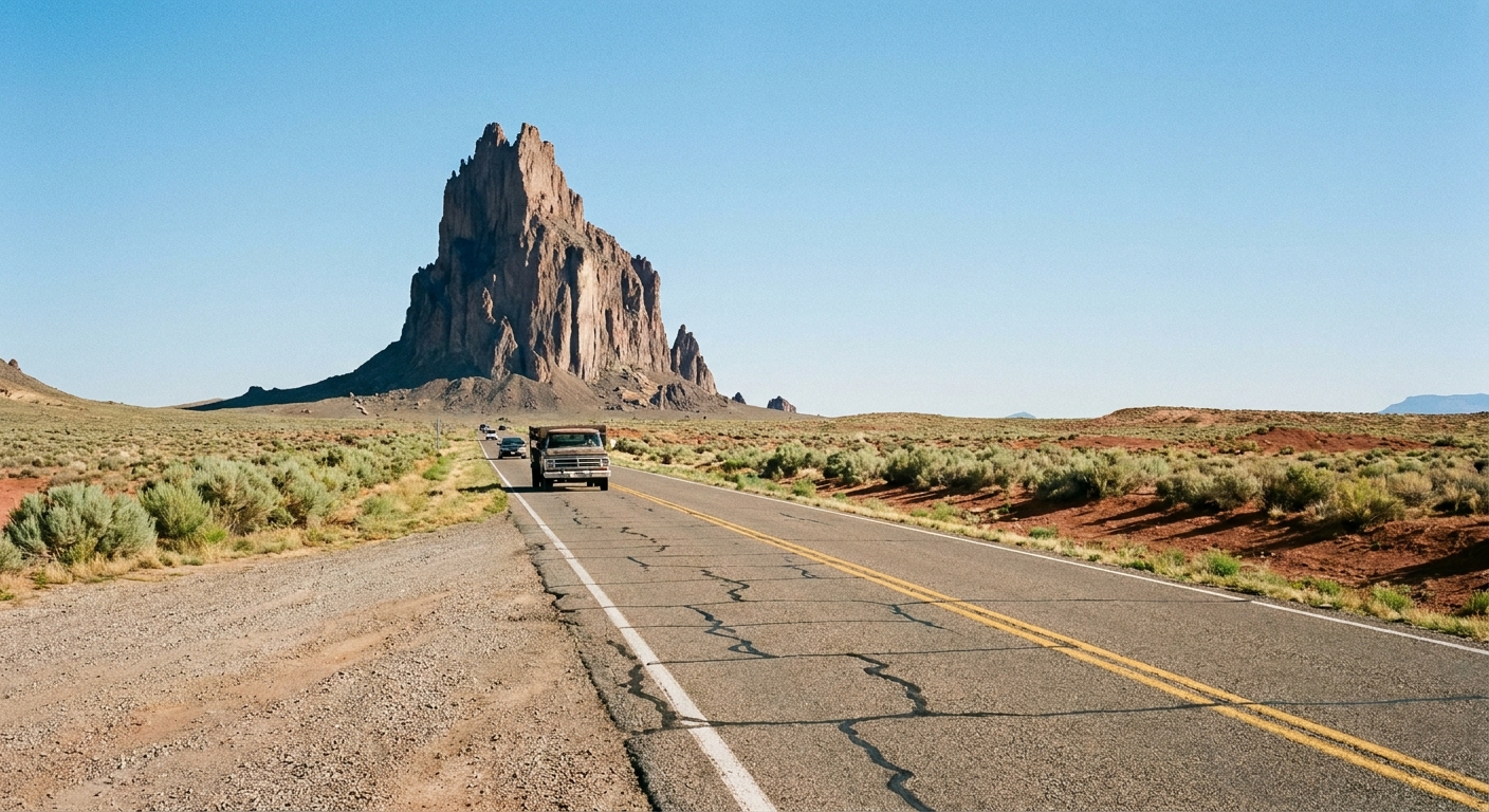 A realistic roadside photograph taken from a safe pullout showing Shiprock in the distance with a two-lane highway leading toward it under a clear blue sky