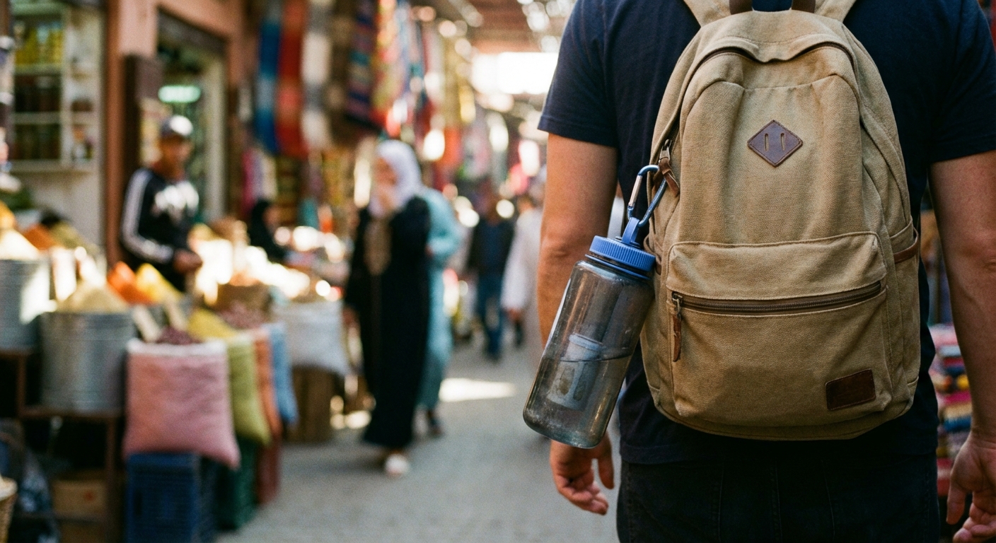 A reusable filter water bottle clipped to the outside of a small daypack while walking through a busy street market, shallow depth of field