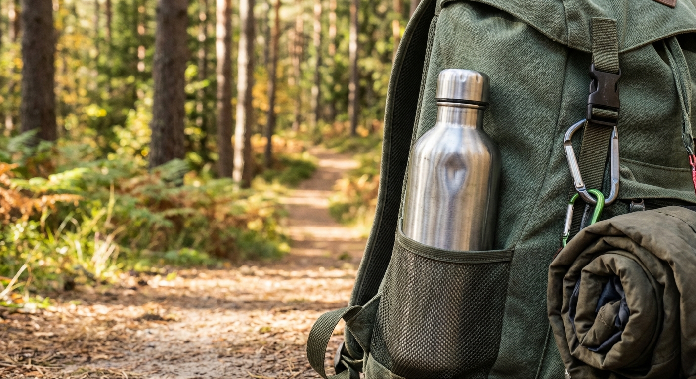 A reusable water bottle sitting in the side pocket of a hiking backpack with a forest trail blurred in the background, realistic outdoor photography style