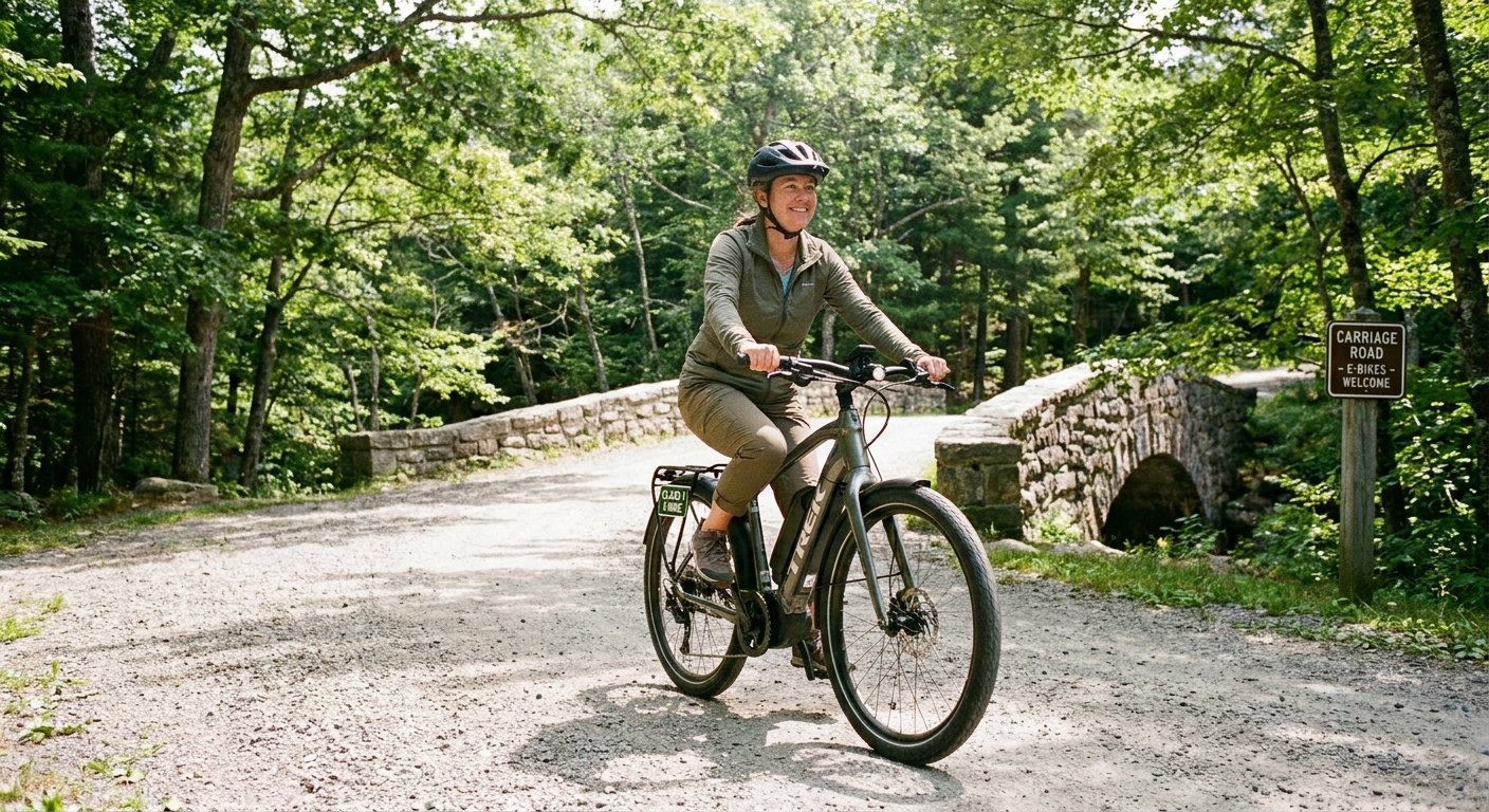 A rider on a Class 1 e-bike cruising on a wide crushed-gravel carriage road lined with trees in Acadia National Park, bright summer day