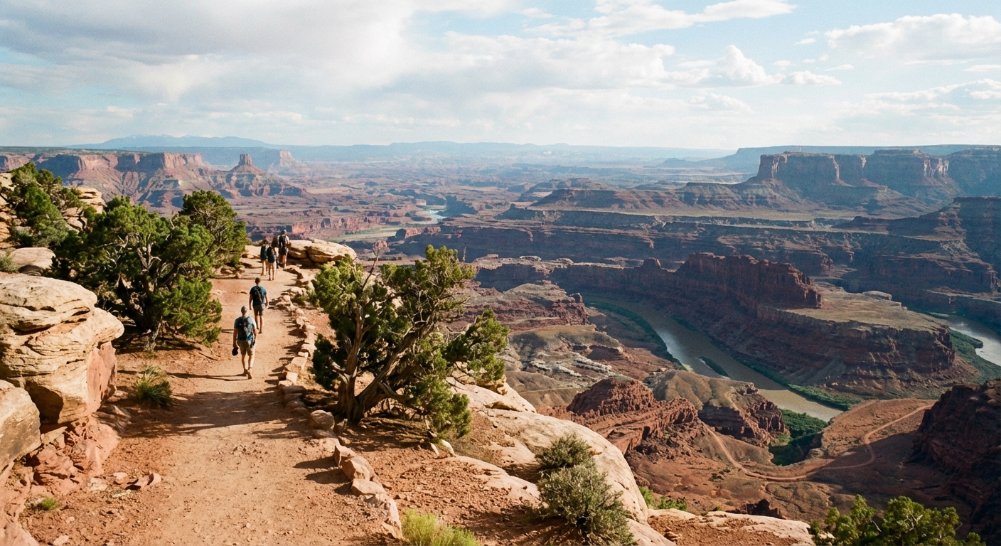A rim-side trail at Grand View Point with sweeping canyon views and distant buttes