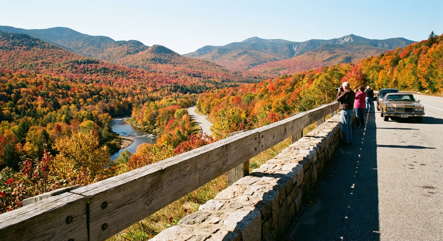 A roadside overlook on the Kancamagus Highway with a sweeping view of forested mountains covered in red and orange foliage, a wooden guardrail in the foreground, crisp clear autumn light, photorealistic travel photography