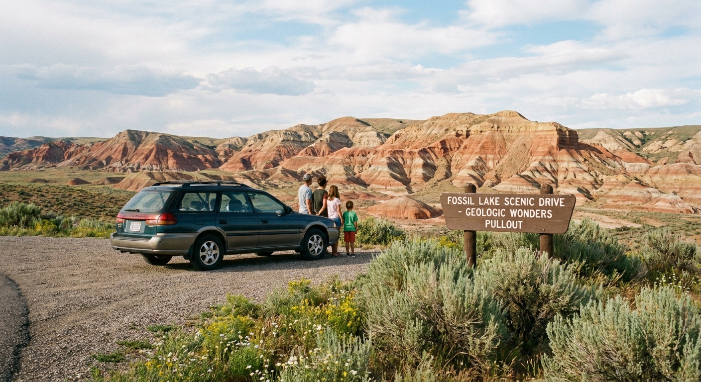 A roadside photo at a Fossil Lake Scenic Drive pullout showing a parked car beside a gravel turnout with sweeping views of Fossil Butte’s layered hills in the distance