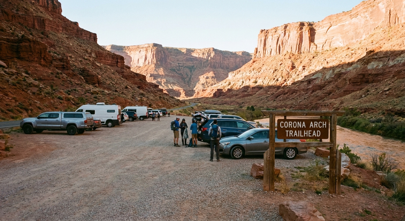 A roadside trailhead parking area along Utah Highway 279 near Moab, with parked cars on a gravel shoulder beside red rock cliffs in morning light
