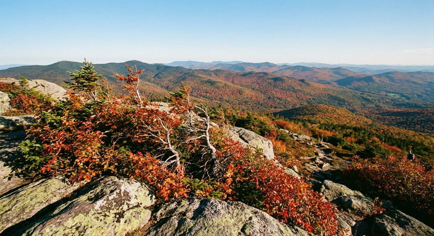 A rocky alpine summit in Vermont with low krummholz shrubs and expansive views of rolling mountains covered in red and orange autumn forest under a clear blue sky, photorealistic landscape photo