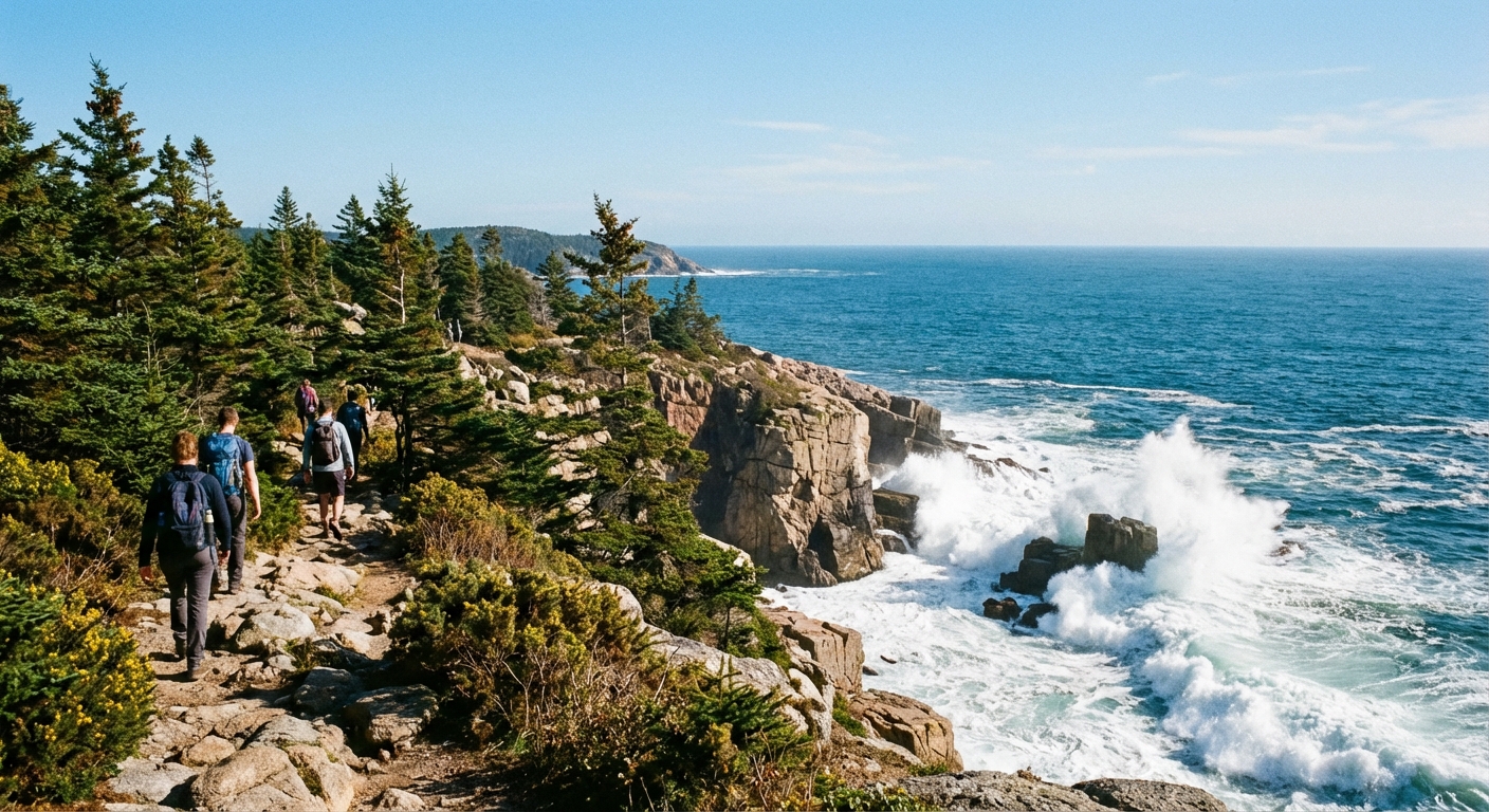 A rocky coastal trail curving along a granite headland above the Atlantic Ocean, with evergreen trees and waves breaking below under bright midday light, photorealistic travel photography