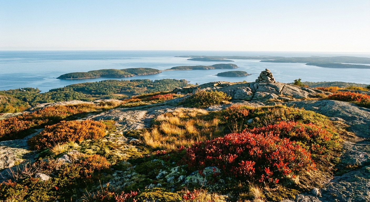 A rocky granite summit overlooking islands and the Atlantic Ocean, with low shrubs and patches of autumn color in the foreground under clear morning light, photorealistic