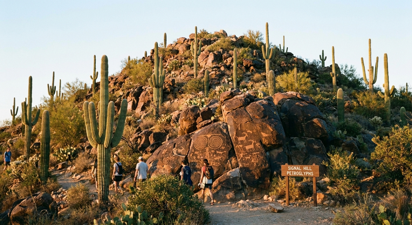 A rocky hill at Signal Hill in Saguaro National Park West with ancient petroglyph carvings visible on dark stone, surrounded by saguaro cacti under warm afternoon light, realistic travel photo