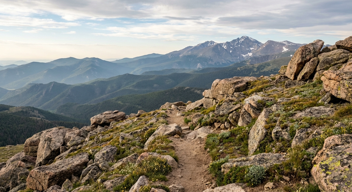 A rocky summit viewpoint looking out over forested ridges toward Longs Peak in the distance, with a narrow trail and a few small boulders in the foreground, photorealistic landscape photography
