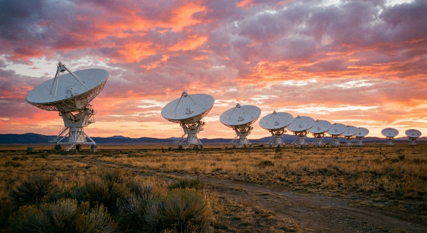 A row of Very Large Array radio telescopes under a bright New Mexico sky on the Plains of San Agustin, with dry grassland in the foreground