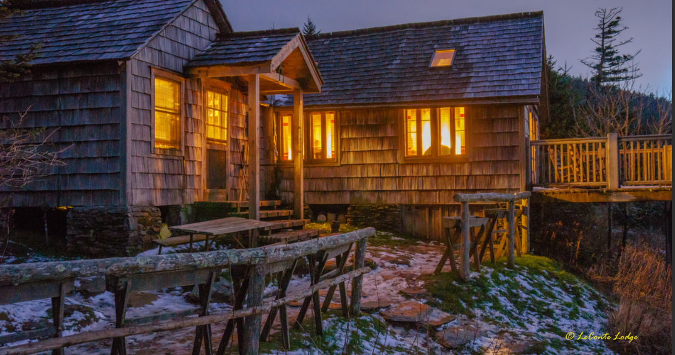A rustic wooden cabin at LeConte Lodge surrounded by evergreen forest in autumn light