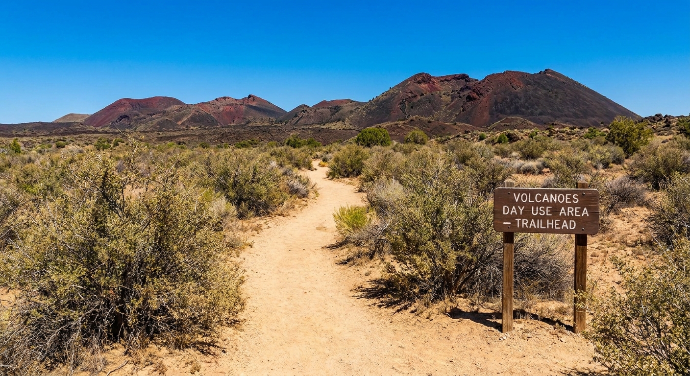 A sandy desert hiking trail in the Volcanoes Day Use Area with low shrubs and distant volcanic cinder cones under a clear blue sky