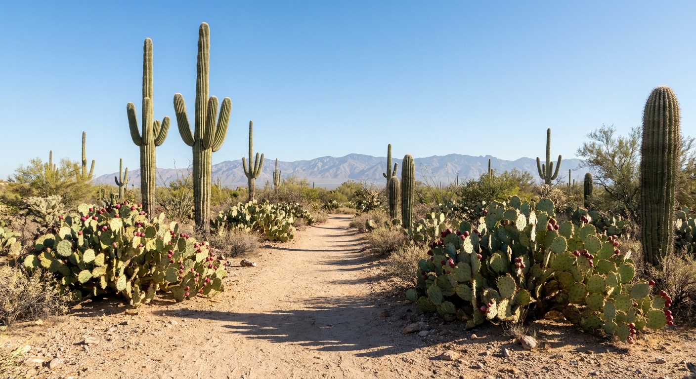 A sandy desert trail in the Rincon Mountain District lined with saguaros and prickly pear, with the Rincon Mountains faint in the distance under a clear blue sky, realistic photo