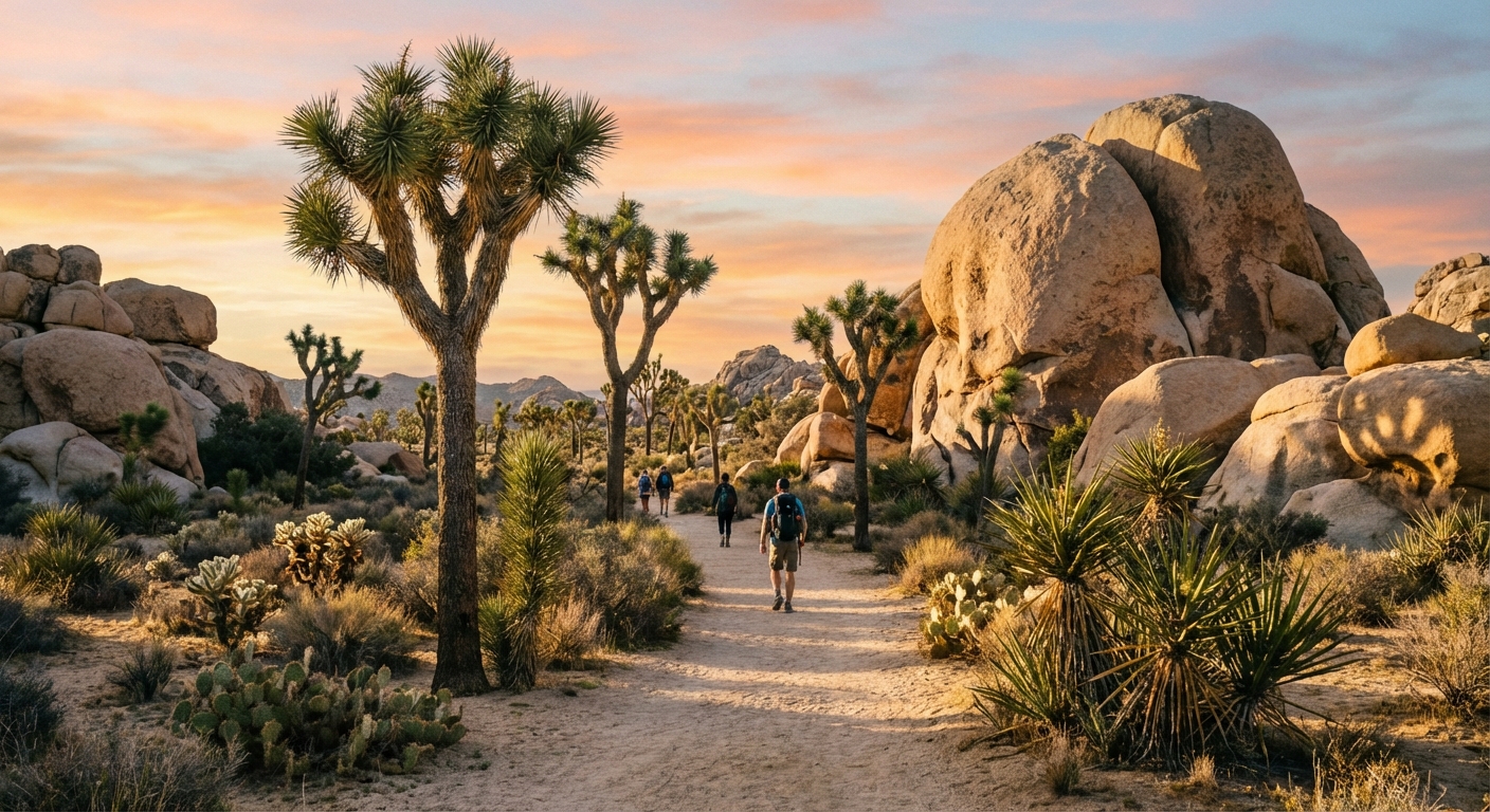 A sandy trail winding through Hidden Valley in Joshua Tree National Park with tall Joshua trees and massive rounded boulders surrounding the path, warm morning light, photorealistic travel photography