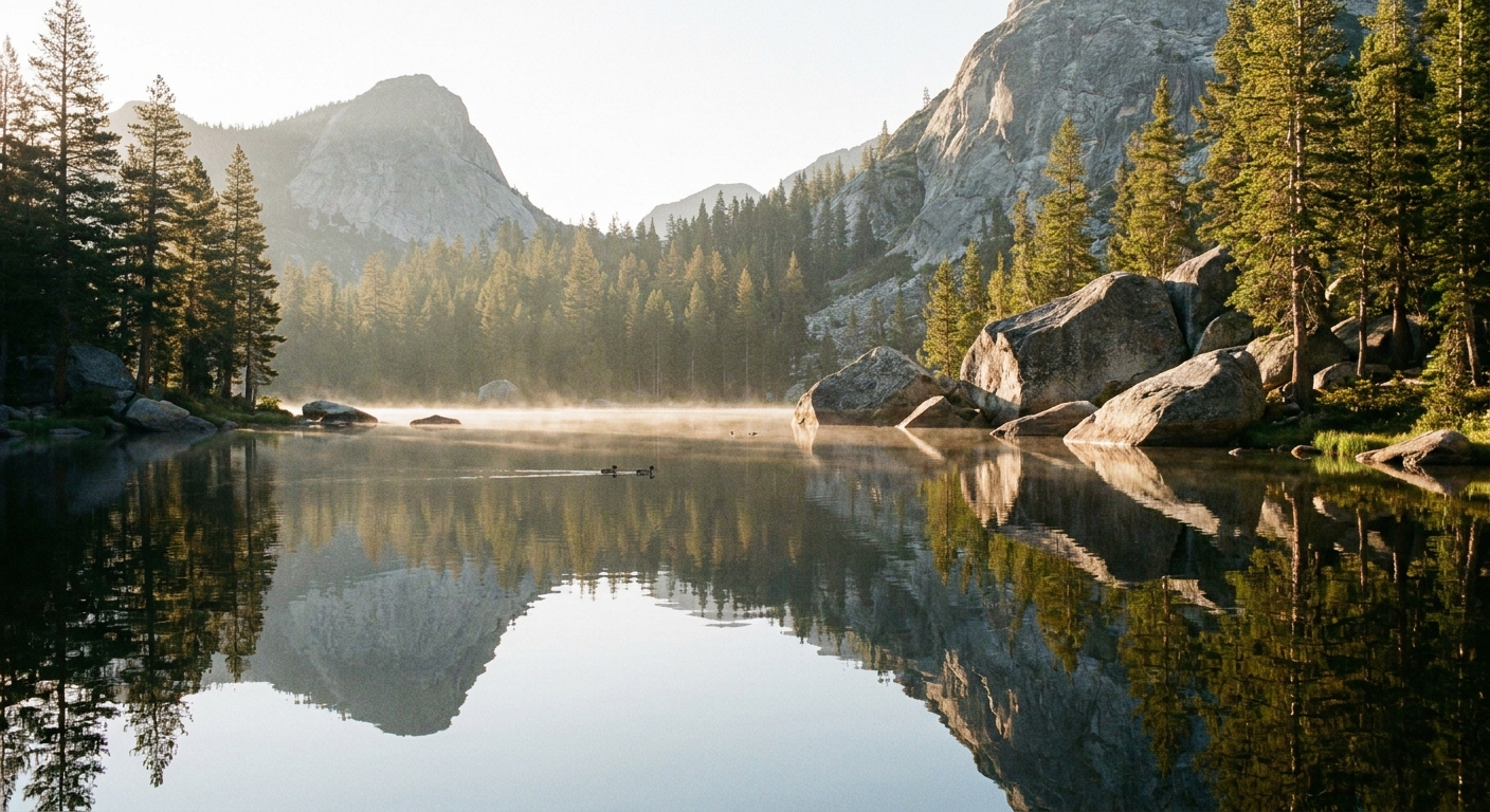 A serene photograph of Elizabeth Lake in Yosemite with calm water reflecting nearby granite, shoreline boulders, and conifer forest under soft sunlight