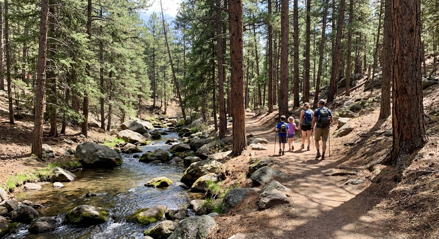A shaded dirt trail beside a rocky creek in Lair o’ the Bear Park near Denver with tall pines, dappled sunlight, and a family walking in the midground, photorealistic nature photography