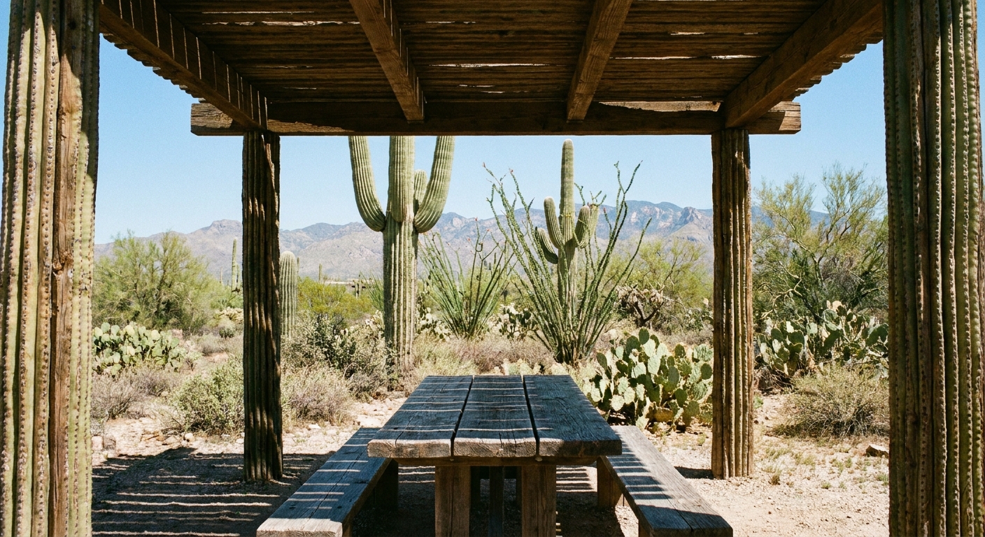 A shaded picnic ramada in Saguaro National Park with a wooden table, desert vegetation and saguaros nearby, midday light beyond the shade, realistic travel photo