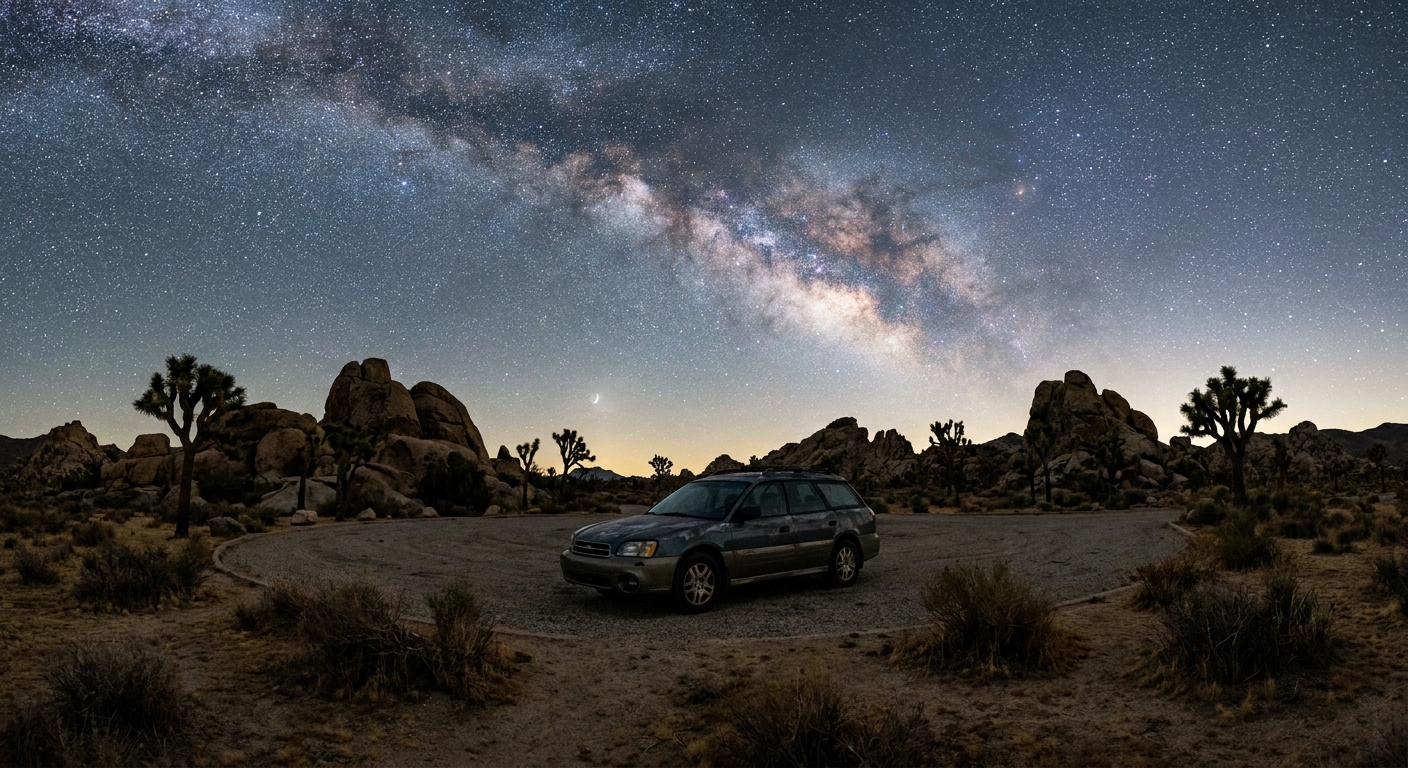 A single car parked fully in a wide desert pullout at night with headlights off, boulder silhouettes nearby and stars above
