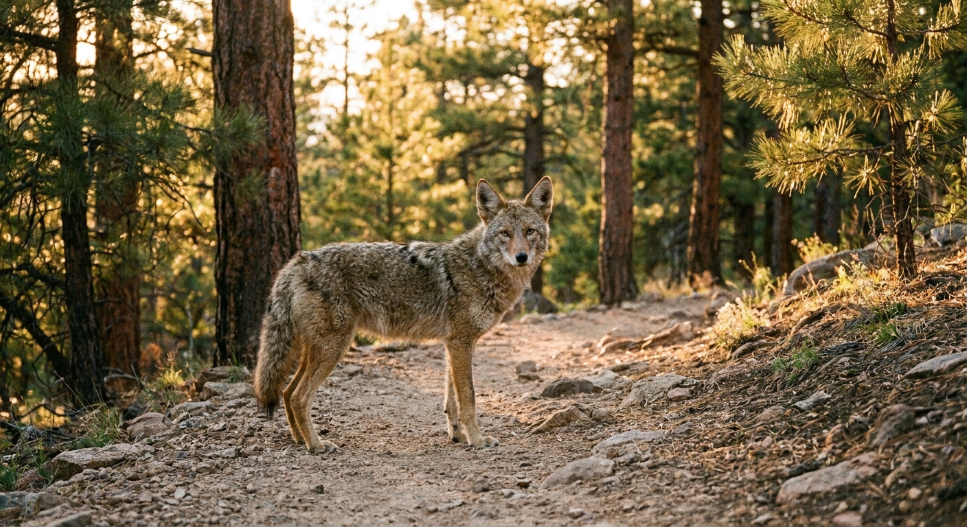 A single coyote standing on a dirt hiking trail in a pine forest at golden hour, looking alert but not aggressive, real wildlife photography