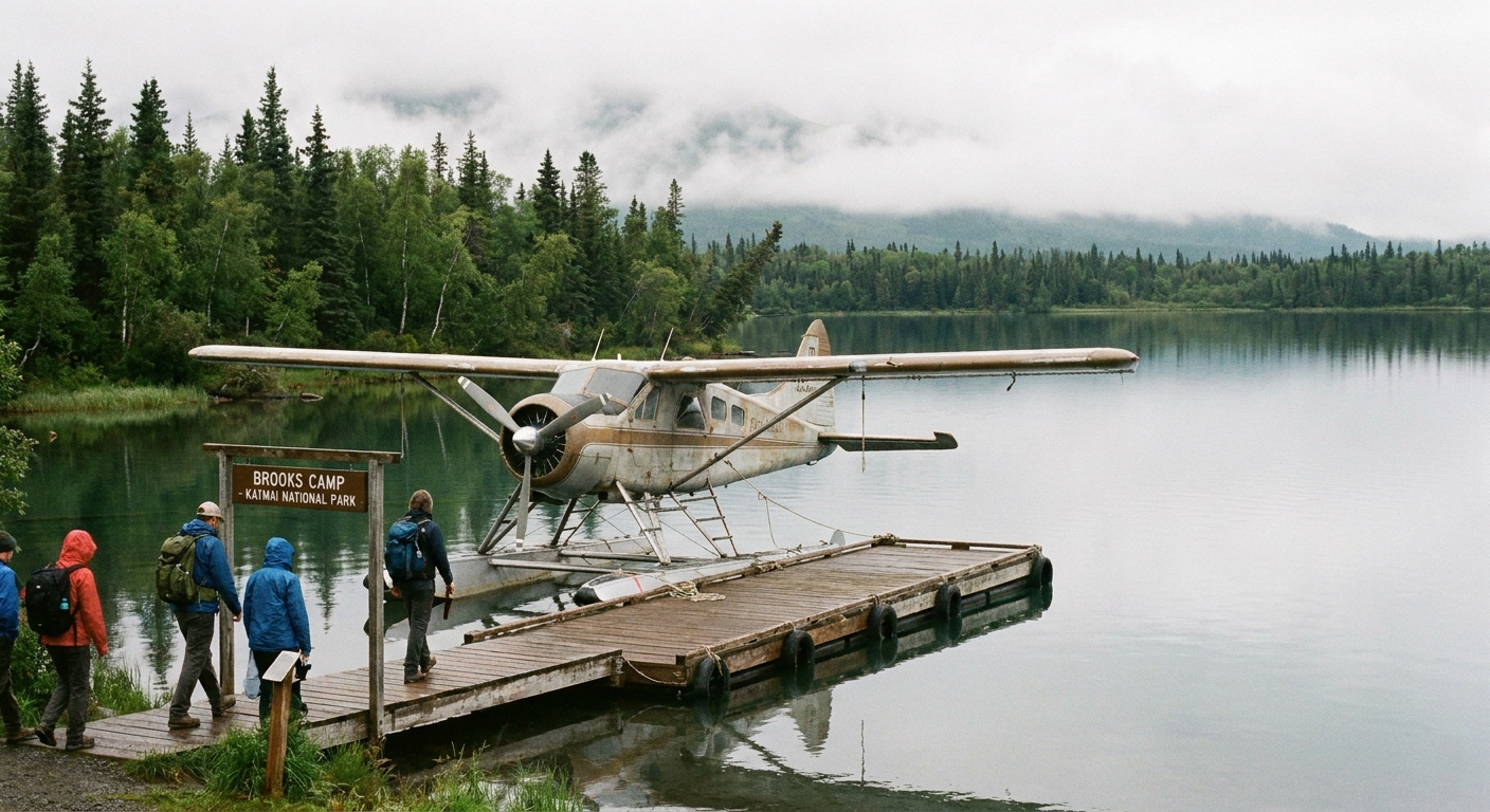 A single-engine floatplane tied to a wooden dock at Brooks Camp on a calm lake, with low clouds and forested shoreline in the background, documentary travel photo