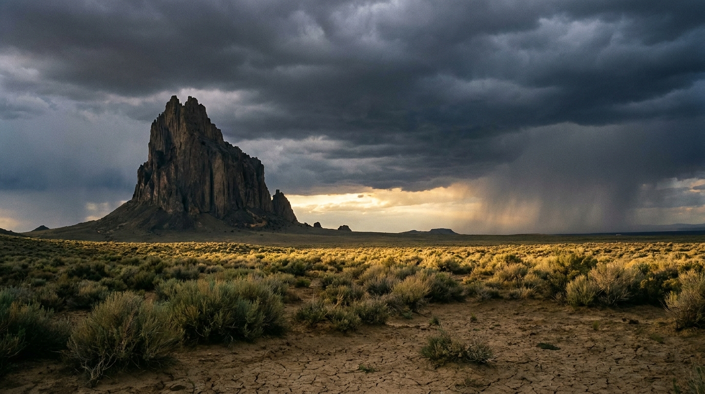 A single-frame landscape photo of Shiprock under dark storm clouds with a strip of sunlight breaking through onto the desert foreground