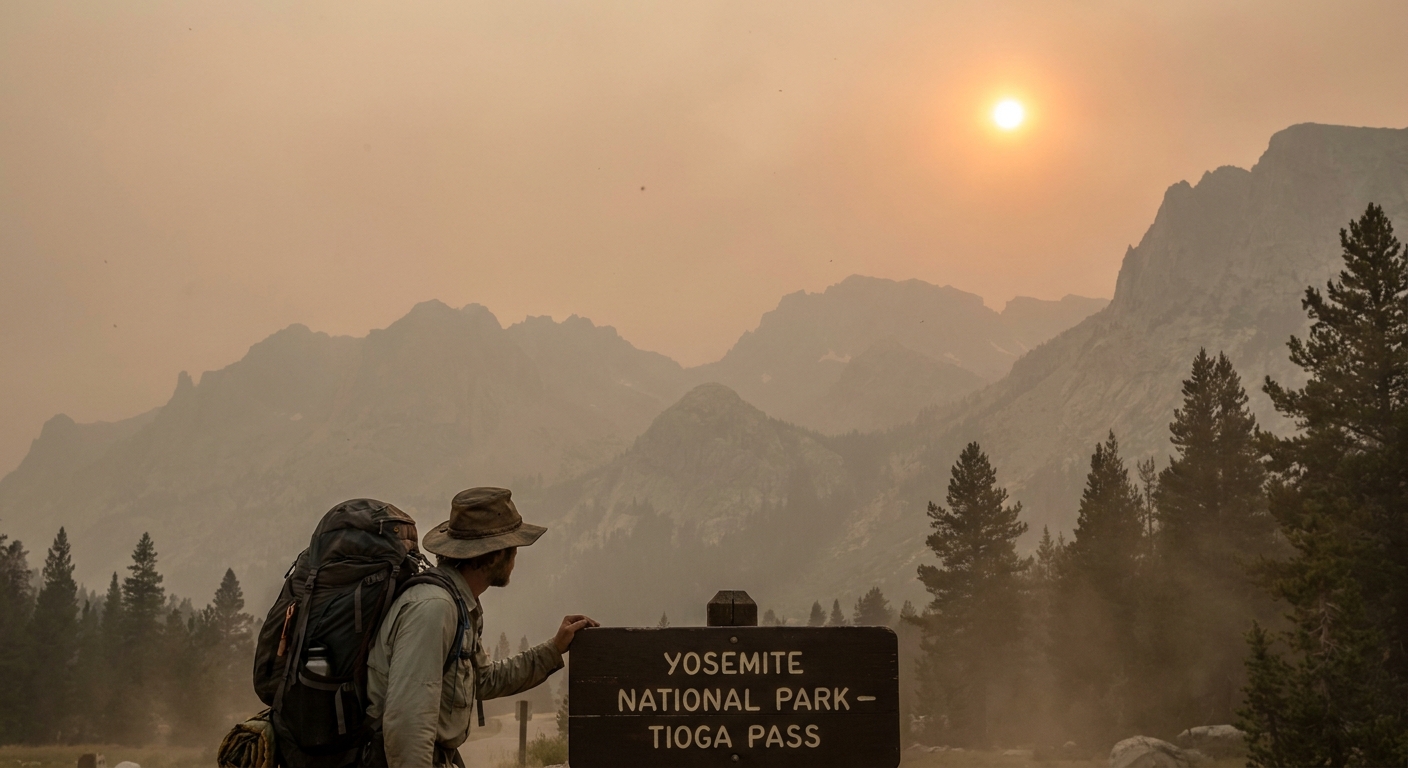 A single hiker standing at a national park trailhead with hazy mountains in the background and muted sunlight filtering through wildfire smoke, realistic travel photography