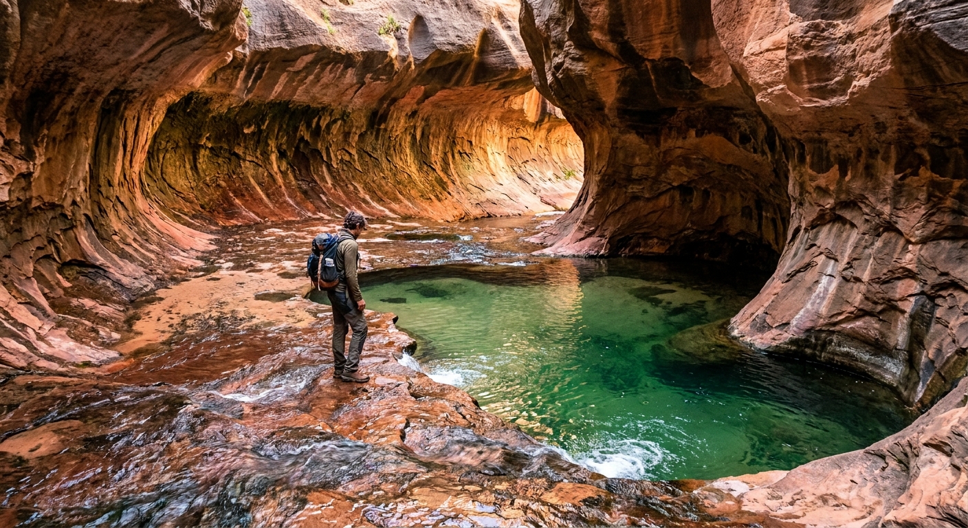 A single hiker standing on smooth sandstone beside the emerald pools in the Subway section of Left Fork North Creek in Zion National Park, natural light photography