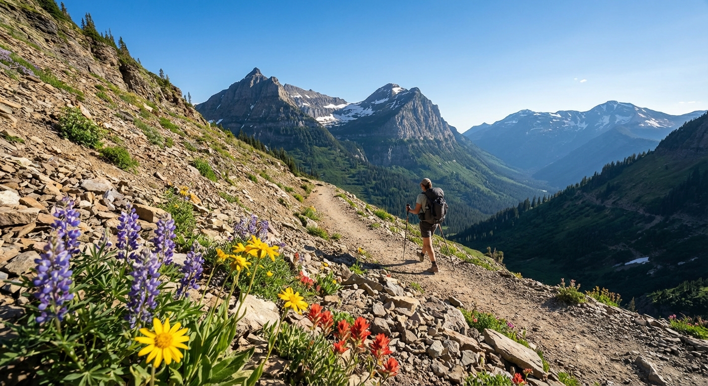 A single hiker walking along the Highline Trail with a narrow path carved into a mountainside, wildflowers in the foreground, and dramatic Glacier National Park peaks under a clear summer sky, photorealistic