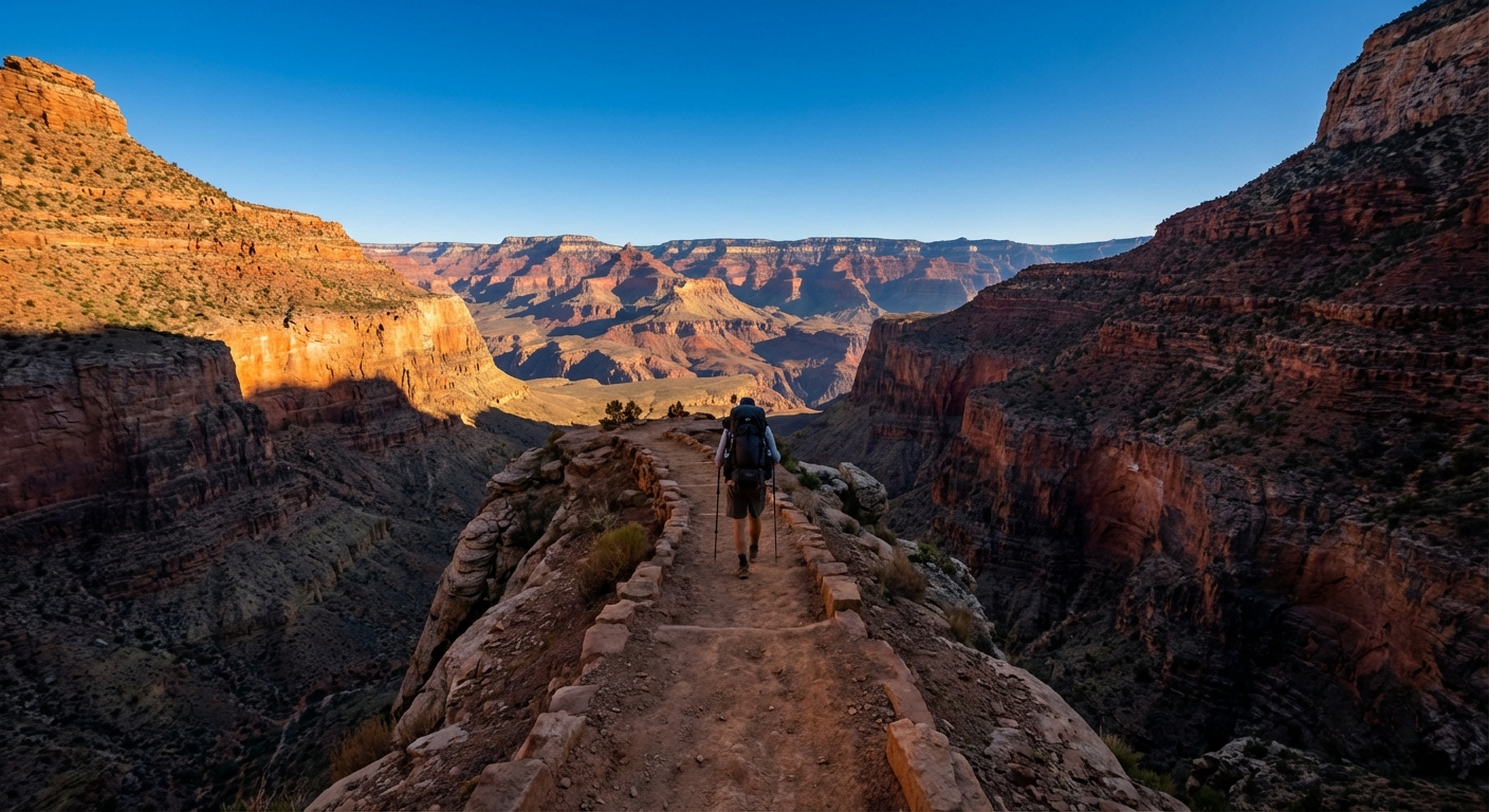A single hiker walking along the South Kaibab Trail ridgeline with steep canyon drop offs on both sides, blue sky overhead, crisp morning light, photorealistic outdoor photography