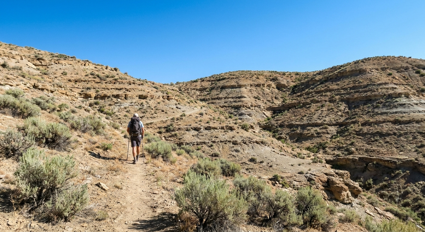 A single hiker walking up a dusty trail on Fossil Butte with layered rock slopes and sagebrush on either side under a clear blue sky