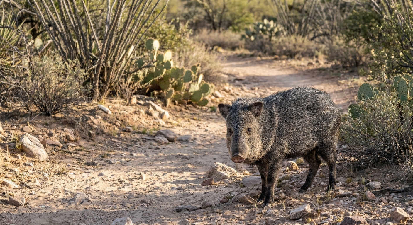 A single javelina standing at the edge of a desert wash near a trail, bristly gray fur and short snout visible, realistic wildlife photography