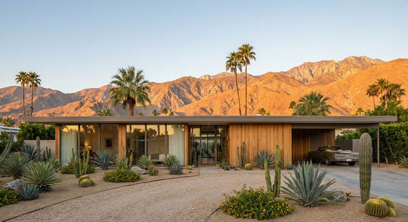A single mid-century modern house in Palm Springs with a low flat roof, large glass windows, a small desert garden with palms and cacti, and mountains in the background, golden hour photorealistic photography