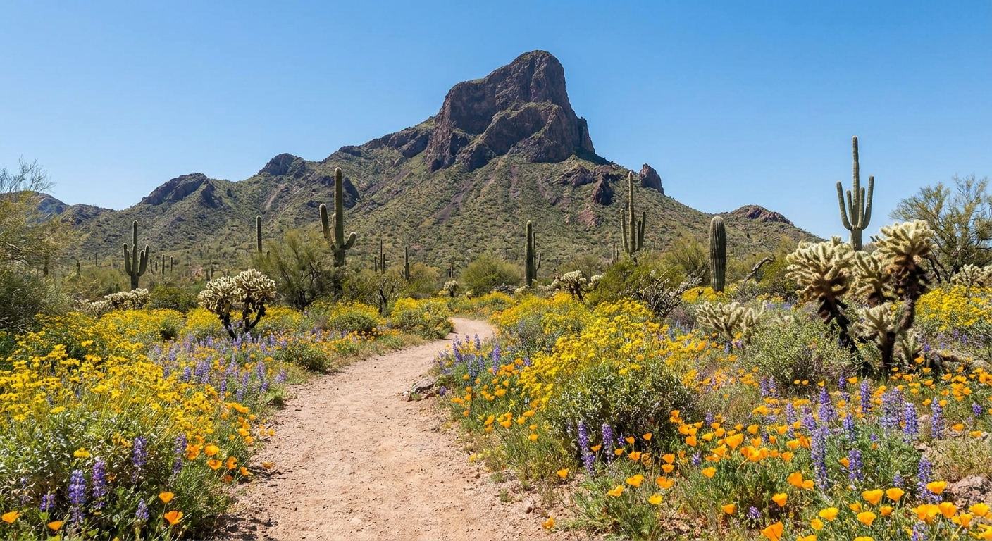 A single real photograph of Picacho Peak rising above the Sonoran Desert with spring wildflowers in the foreground under clear blue skies, taken from a trail viewpoint