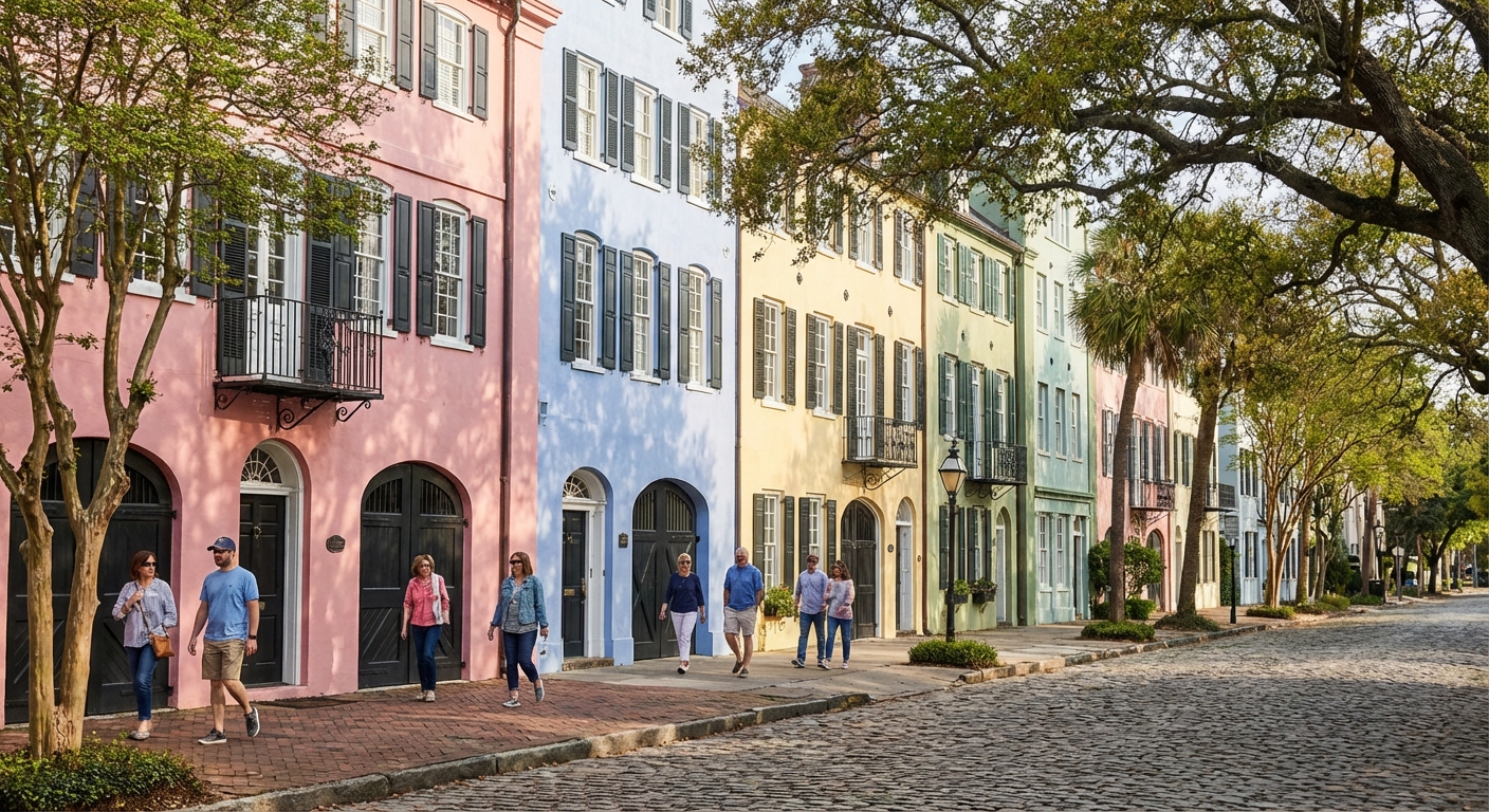 A single real photograph of Rainbow Row in Charleston on a bright morning, pastel historic row houses lining East Bay Street with a few pedestrians walking on the sidewalk, trees casting soft shadows, natural colors, travel photography