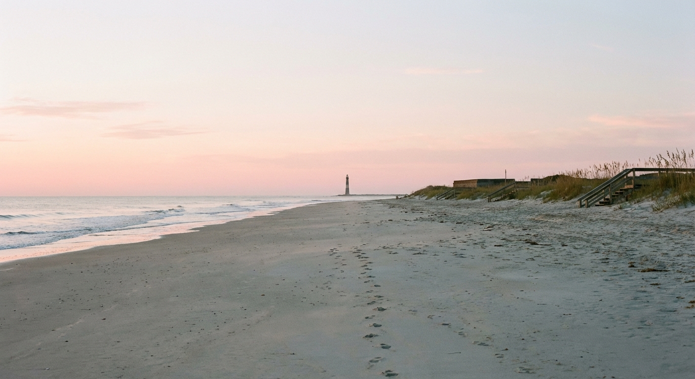 A single real photograph of Sullivan’s Island beach near Charleston on a clear morning, wide sandy shoreline with gentle waves, a few footprints in the sand, soft pastel sky, peaceful coastal travel photography
